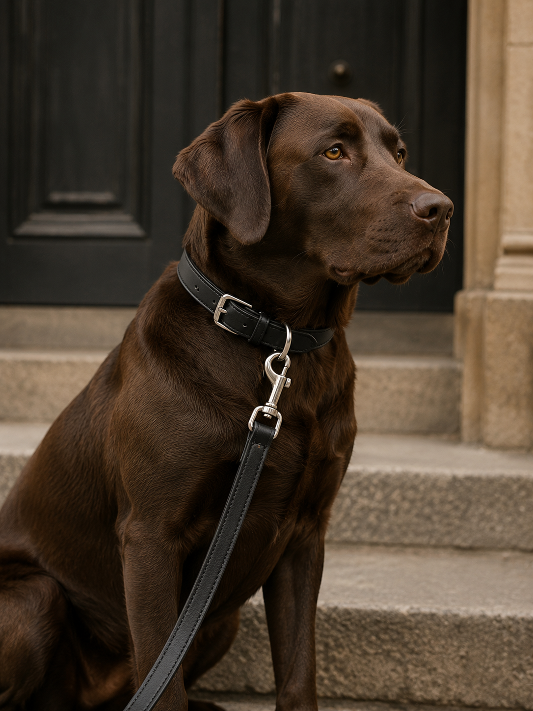 Chocolate Labrador wearing a black leather collar and leash