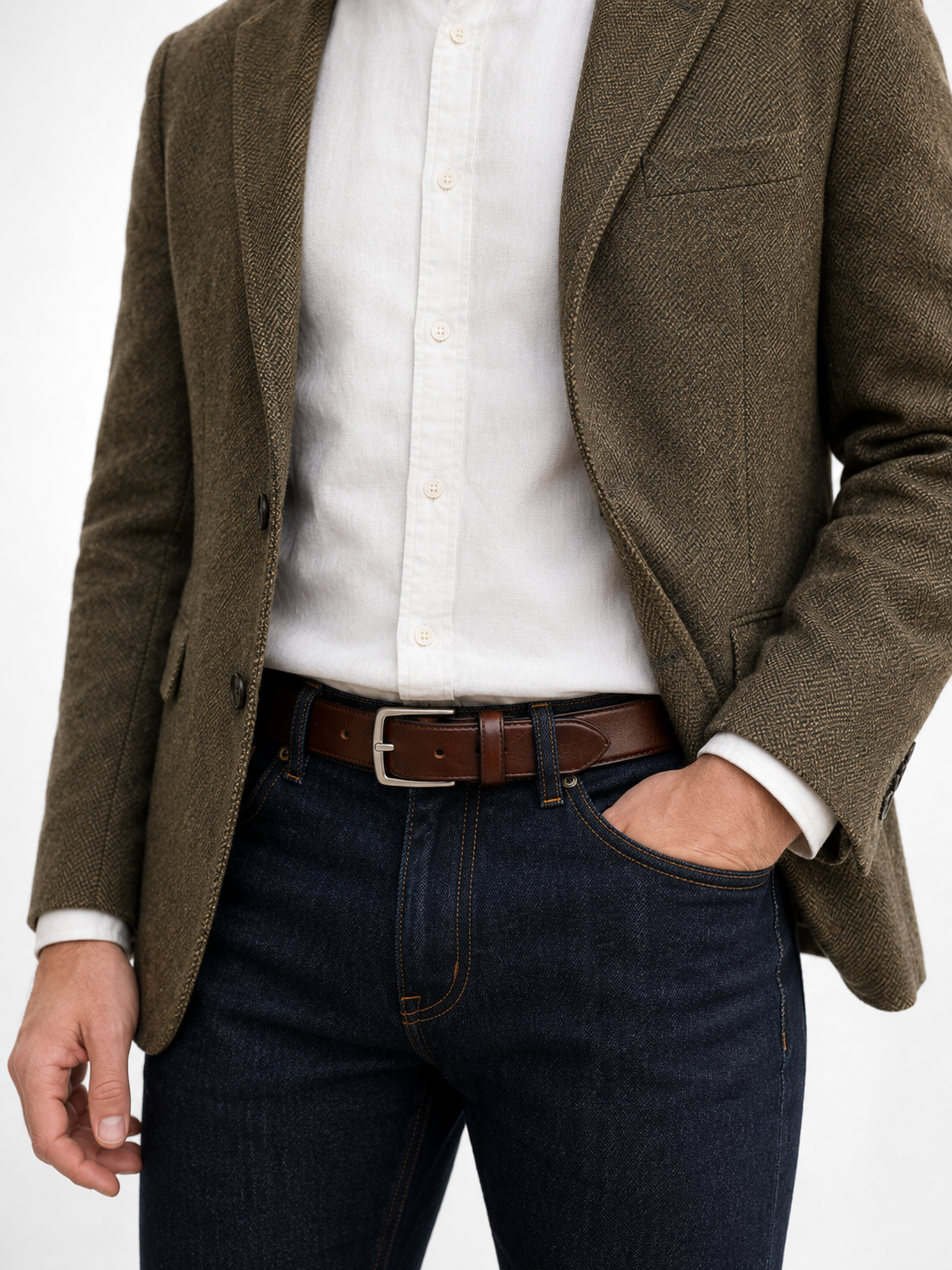 Brown leather belt worn with denim