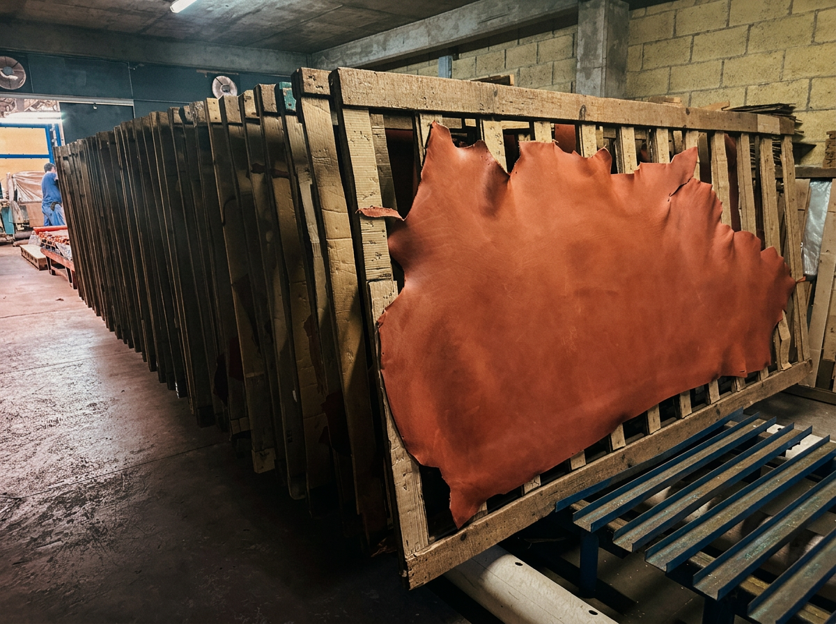 Vegetable-tanned leather hide stretched on wooden drying frames inside the tannery